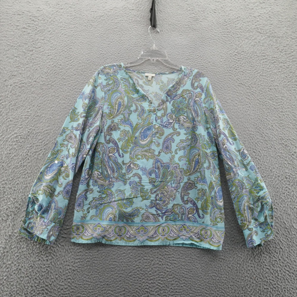 Talbots Roll Tab Paisley Pullover Top Medium‎ Blue Green Womens Lyocell Boho